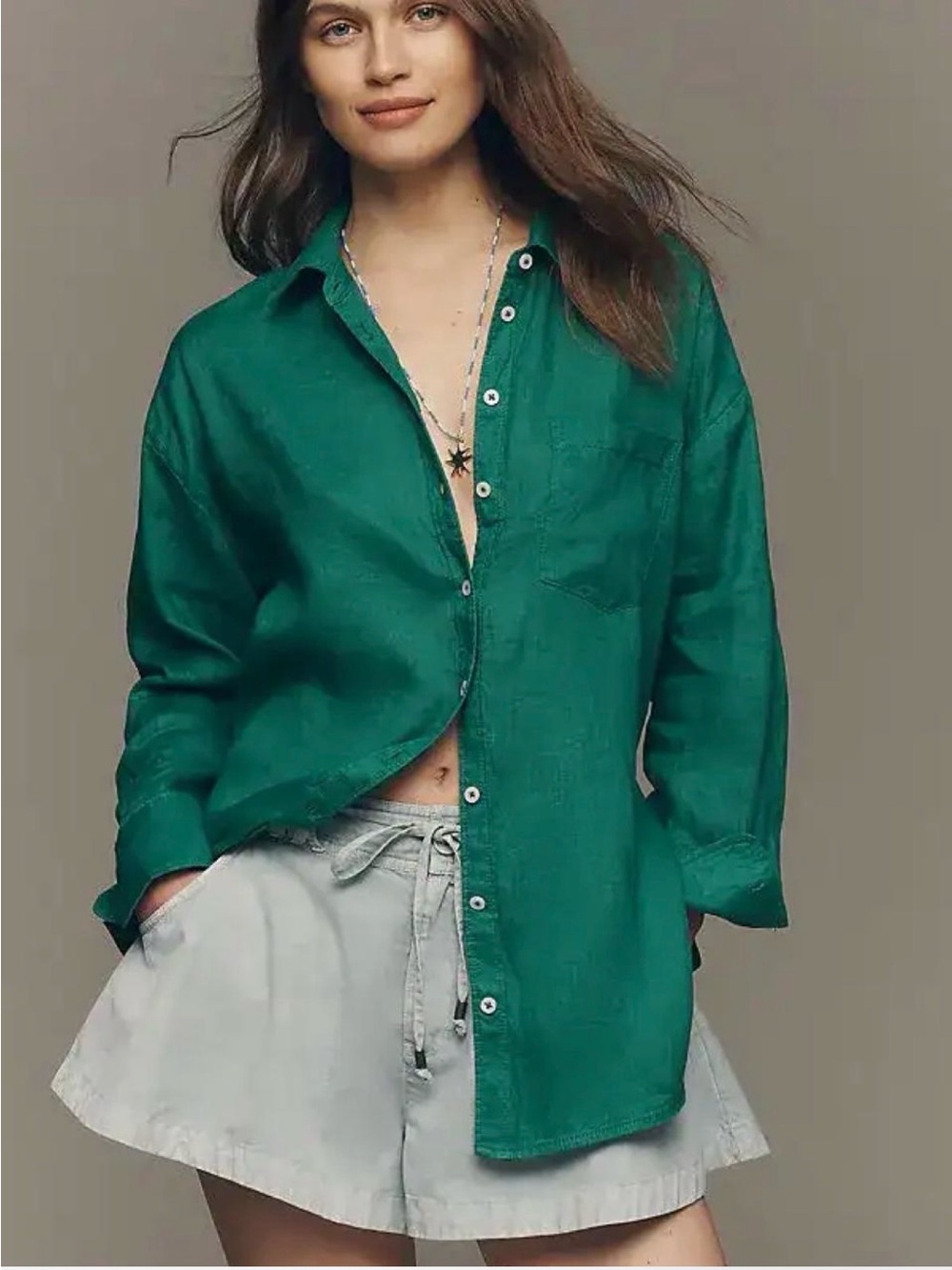 Anthropologie Maeve Green Relaxed Button-Down Shirt Vibrant Eclectic Sz XL
